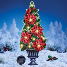 Solar Christmas Poinsettia Cardinal Topiary Stake Metal Outdoor Holiday Decor - £19.43 GBP