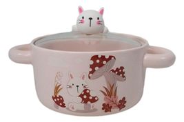 Ceramic Pink Rabbit In Mushroom Forest 30oz Noodle Dessert Bowl W/ Glass... - $19.99