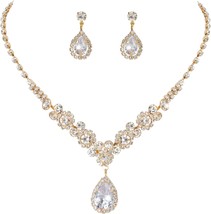 Bride Jewelry Set Silver Crystal Wedding Necklace Earrings Bridal Rhinestone Tea - £24.04 GBP