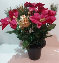 11.5&quot; Christmas Grave Pot Artificial Flowers Silk Roses/ Poinsettia Decorations - £16.89 GBP