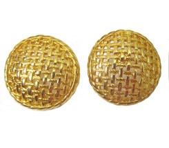 Vintage Woven Basket Round Gold Plated Earrings Pierced Stud 80&#39;s Statement - £12.65 GBP