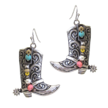 Silver Cowboy Boot Multi Bead Dangle Drop Earrings - £11.16 GBP