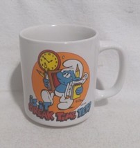 Vintage 1981 The Smurfs Coffee Mug Cup - &quot;Is it Break Time Yet? Handy Smurf&quot; - £14.13 GBP