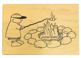 Campfire Roasting Marshmallows Rubber Stamp Wood Mount 4.5&quot; x 3&quot; USA Stamp City - £11.11 GBP