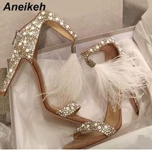 Aneikeh Sexy Women Sandals Pumps Summer Rhinestone Fringe Zipper Feather High He - £39.84 GBP