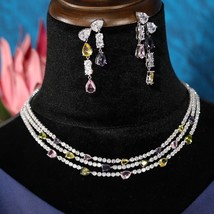 Shiny Cubic Zirconia Pave Colorful 3 Floors Necklace Women Wedding Bridal Party  - £44.21 GBP