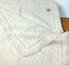Vtg Acrylic Knit Baby Afgan Christening Blanket with Fringe by REGAL White 39" image 4