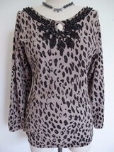 Susan Graver Leopard Print Sweater Size M Bead Embellished Keyhole Neck QVC - £11.74 GBP