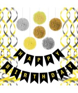 Black Happy Birthday Banner, With 6 Tissue Pom Poms 2 Gold Yellow Silver... - $17.71 CAD