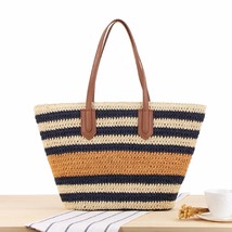 Hand Weaving Stripe Straw Shoulder bag Lady Vacation Beach Tote Handbag ... - £36.37 GBP