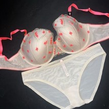 Victoria&#39;s Secret 38DD BRA SET L panty neon Beige ORANGE Gold heart embroidered - $79.19