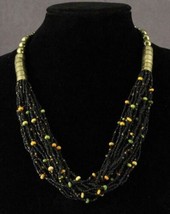 Vintage Ethnic Estate Jewelry Brass Black Seed Bead Olive Green Orange Necklace - £15.44 GBP