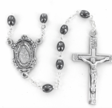 Hermatite Beads And Miraculous Center Crucifix Cross Rosary Necklace - £31.96 GBP