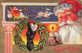 Babbo Natale Rosso Suit-Mural Renna Pullover Slitta ~1909 Rilievo Cartolina - £11.22 GBP