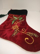 Holiday Christmas Stocking Red Velvet  With Embroidered Mistletoe - £23.73 GBP