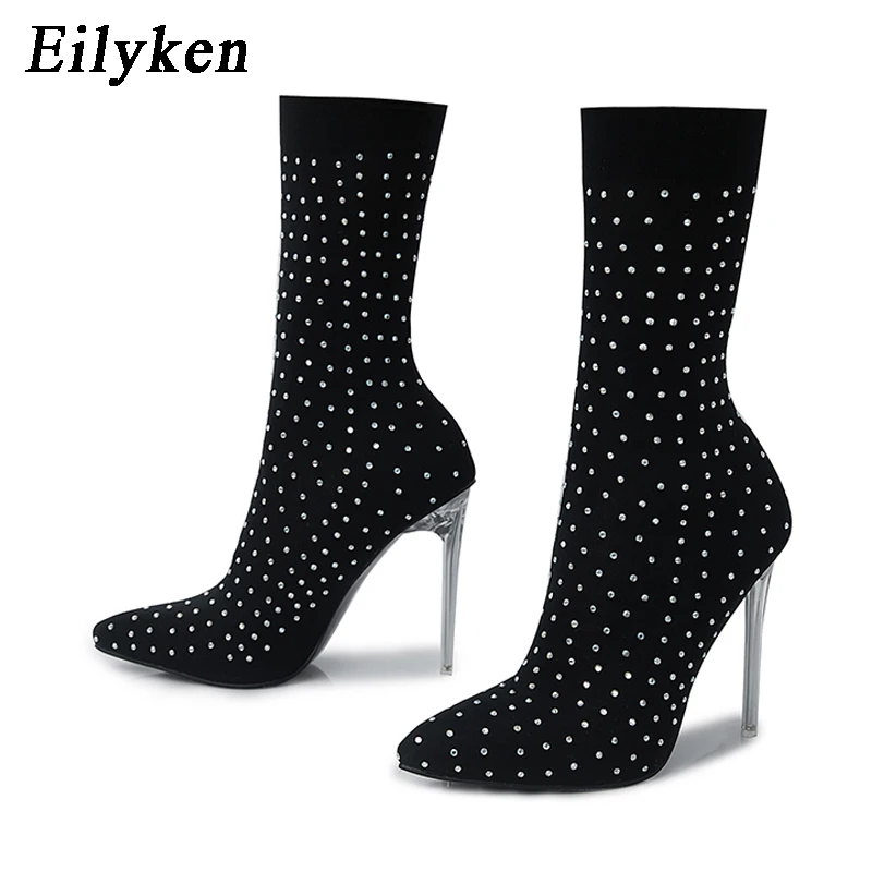 Eilyken 2024 Fashion  Crystal Rhinestone Stretch Fabric Ankle Boots For Woman Po - £182.81 GBP