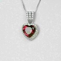 2.50Ct Simulated Heart Pink Ruby Halo Pendant In 14K White Gold Plated Silver - £142.43 GBP