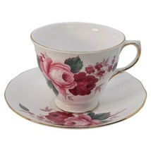 Vtg Queen Anne Bone China England Tea Cup &amp; Saucer Pink Red Roses Gold Trim G478 - £15.01 GBP