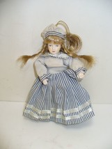 Vintage Porcelain Doll in Blue Striped Dress White Hat Blonde Hair Blue Eyes - $12.74