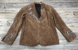 Vtg Bob Mackie Brown Leather Jacket Women&#39;s S Embroidered Wearable Art Western - £35.23 GBP