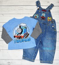 Infant 12m THOMAS TRAIN &amp; FRIENDS Outfit Denim Blue Jean Bib Overalls LS... - £10.21 GBP