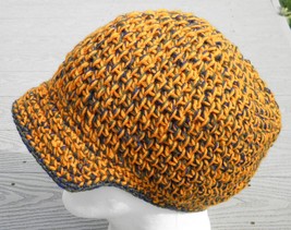 Cool Orange/Green X-Large Crocheted Beanie with a Visor - Handmade by Michaela - £28.28 GBP