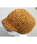 Cool Orange/Green X-Large Crocheted Beanie with a Visor - Handmade by Mi... - £28.44 GBP