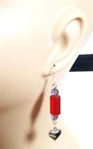 silver heart earrings long red glass bead drop dangles handmade jewelry - £3.93 GBP