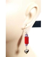 silver heart earrings long red glass bead drop dangles handmade jewelry - £3.98 GBP