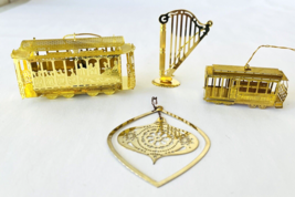 4 Brass Christmas Ornaments 2 San Francisco Trollies Cable Cars Harp + Pretty - £10.06 GBP