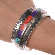 6.25&quot; 1970&#39;s Edward Zuni high grade mult-stone inlay modernist sterling cuff - $688.05