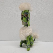 Vintage Green Fabric Poodle Dog 8.5&quot; Plush Made in Japan White Hair Orange Eyes - £23.73 GBP