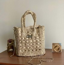 Gold bag , crochet with gold thread, short handle and  long shoulder cha... - £78.56 GBP