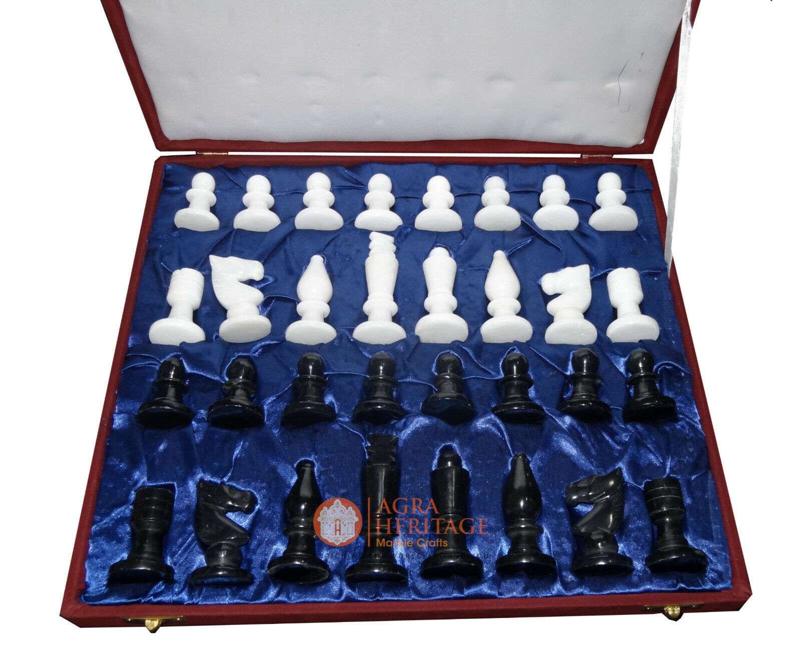 Primary image for King Size 2.5" Marble Chess Pieces With Blue Velvet Box Handmade Chess Lovers
