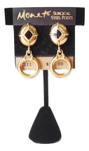 Vintage Monet Earrings Gold Black Dangle Door Knocker Jewelry Surgical Steel - £14.18 GBP