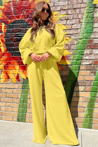 Yellow Cream Drop Shoulder Puff Sleeve Crop Pullover Drawstring Wide Leg... - $763.95 MXN