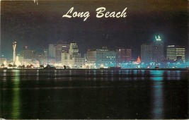 Chrome Postcard CA J124 Long Beach Night Photo Birds Eye View Ocean Skyline - £2.60 GBP