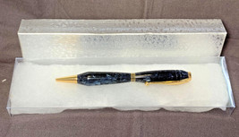 Hand Crafted Turned Wood Pen, Gift Box Goldtone Trim Dark Blue Swirl Black Ink   - £24.08 GBP