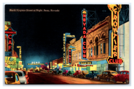 Virginia Street View Night Reno Nevada NV UNP Linen Postcard V4 - £6.16 GBP