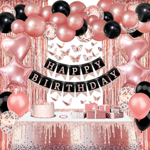 Birthday Party Decorations for Women, Rose Gold Black Happy Birthday Banner Tabl - £20.37 GBP