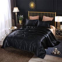 Silky Satin Comforter Set Queen Black, Soft Lightweight Microfiber Luxury Sexy Q - £49.54 GBP