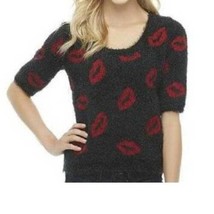 Womens Sweater Bongo Black Fuzzy Kiss Lips Short Sleeve Jr. Girls -size L - £14.24 GBP