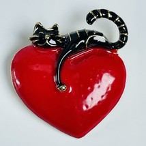 Big Red Heart Lazy Black Cat Brooch Pin Enamel Jewelry Cat lover Valentines Gift - £11.94 GBP