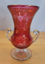 Vintage Clear Handles Red Cranberry Pedestal Vase Urn Etched Flowers 6.5&quot; Read - £11.82 GBP