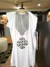 White and Grey Agbada Babariga 3 Pieces Men Groom Suit African Clothing for Men - £129.31 GBP+