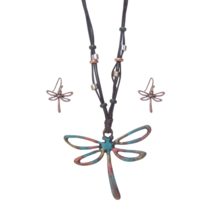 Rustic Dragonfly Pendant with Beaded Cord and Earrings Set Copper - £12.93 GBP
