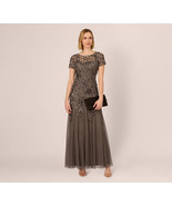 Adrianna Papell Hand Beaded Short Sleeve Floral Godet Gown In Lead   20 ... - $351.79 CAD