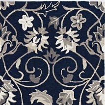 3&#39;X5&#39; Navy Blue Hand Hooked Uv Treated Traditional Floral Design Indoor Outdoor  - £142.85 GBP