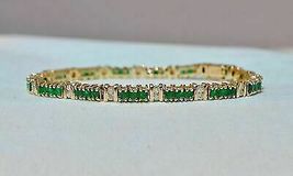 14K Yellow Gold Over 8.25CT Green Emerald &amp; Diamond Tennis Bracelet For Gift - £128.16 GBP