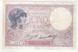France,5 Francs,1933,Banque de France, P72e, XF - $21.03